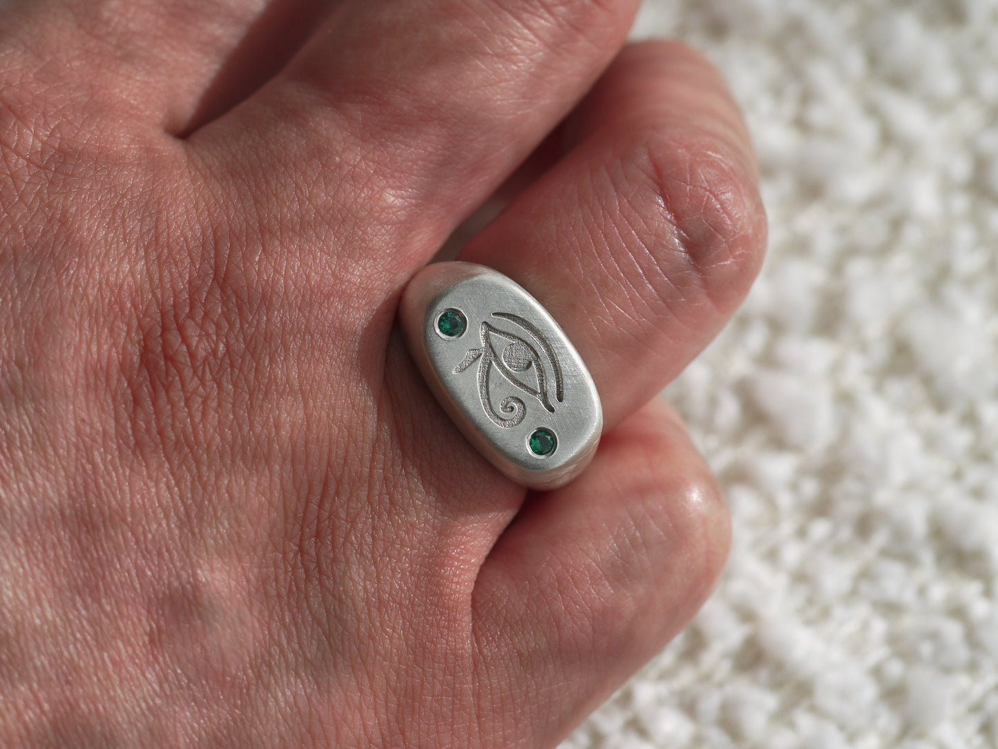 Eye of Horus Cushion Signet Ring with Lab Emeralds - Sterling Silver