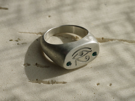 Eye of Horus Cushion Signet Ring with Lab Emeralds - Sterling Silver