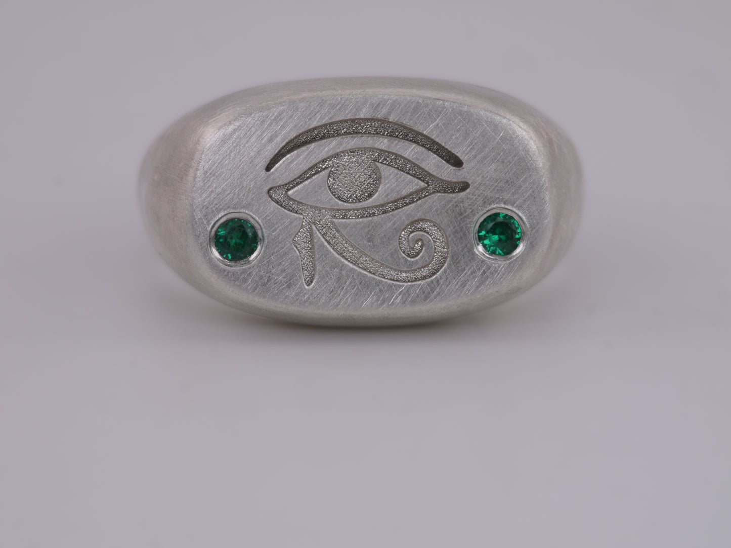 Eye of Horus Cushion Signet Ring with Lab Emeralds - Sterling Silver
