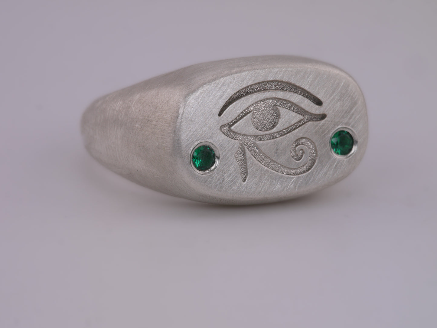 Eye of Horus Cushion Signet Ring with Lab Emeralds - Sterling Silver
