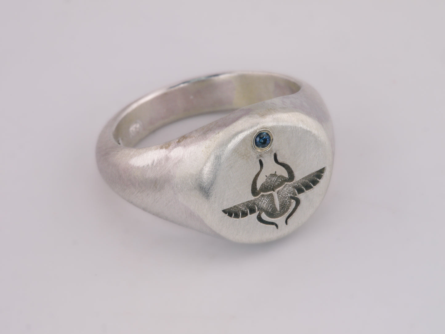Scarab Beetle Signet Ring with Sapphire - Sterling Silver