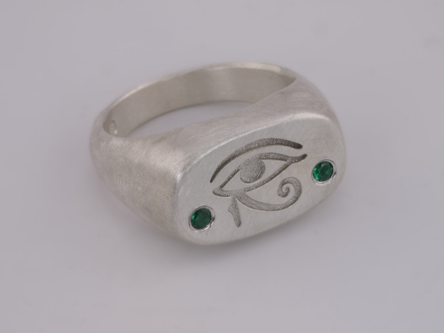 Eye of Horus Cushion Signet Ring with Lab Emeralds - Sterling Silver