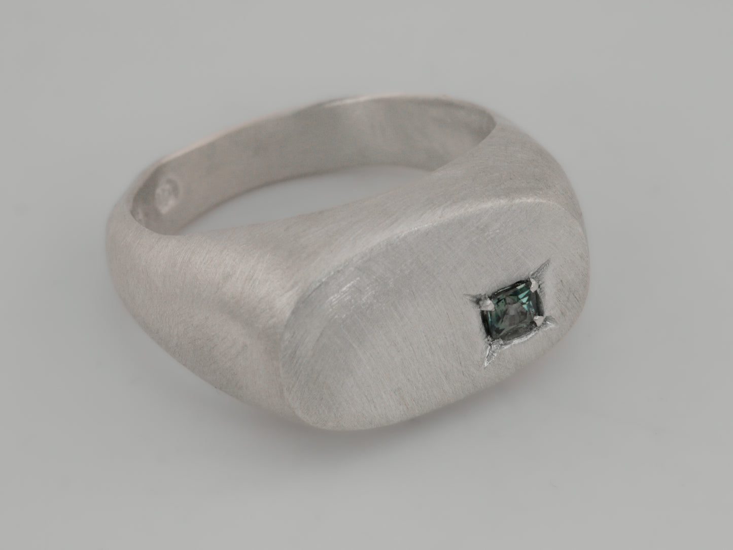 Cushion Signet Ring with Princess Cut Sapphire - Sterling Silver