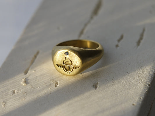 Scarab Beetle Signet Ring with Sapphire - 22k Gold Vermeil