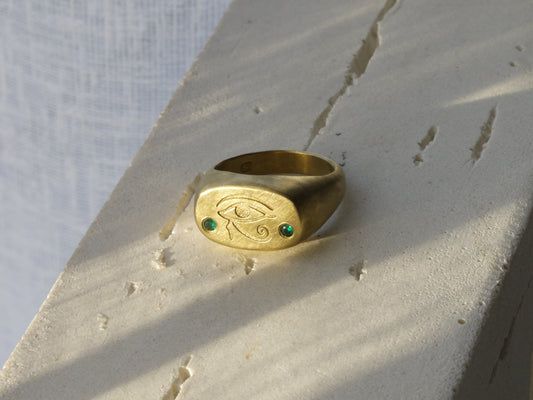Eye of Horus Cushion Signet Ring with Lab Emeralds - 22k Gold Vermeil