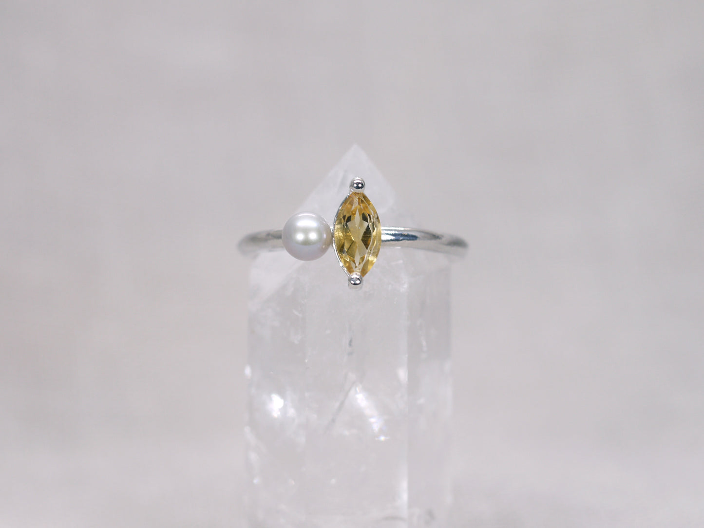 LUCIA Duet Ring - Citrine Marquise & Grey Freshwater Pearl