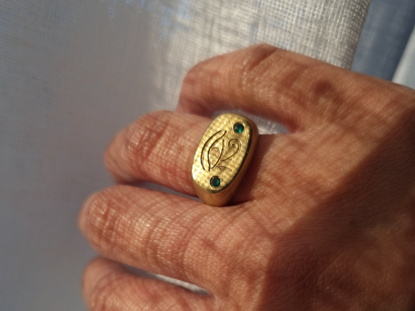 Eye of Horus Cushion Signet Ring with Lab Emeralds - 22k Gold Vermeil