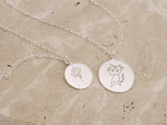 Personalised Hand Drawn Engraved Circle Pendant Necklace