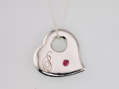 Personalised Engraved Puffy Heart Pendant - Back Side Engraving and Second Birthstone