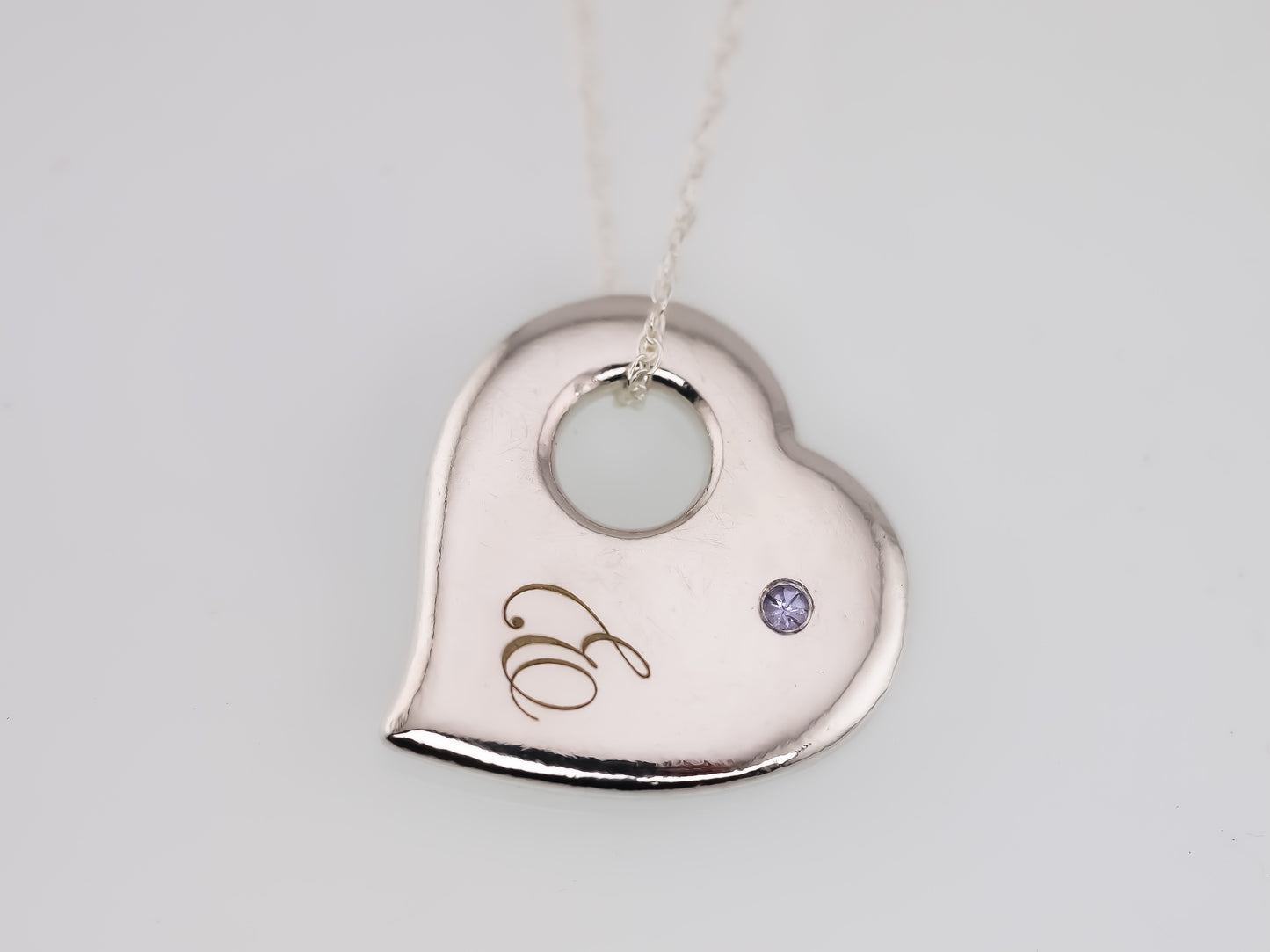 Personalised Engraved Puffy Heart Pendant - Back Side Engraving and Second Birthstone