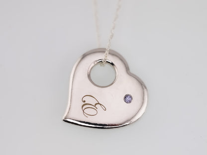Personalised Engraved Puffy Heart Pendant - Back Side Engraving and Second Birthstone