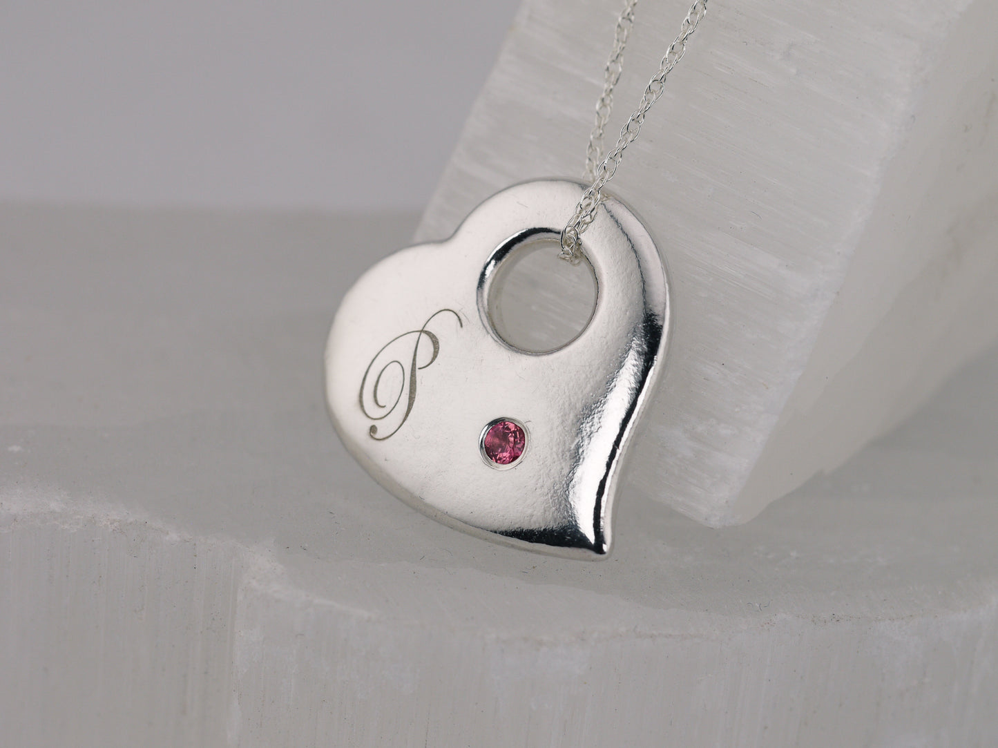 Personalised Engraved Puffy Heart Pendant - Back Side Engraving and Second Birthstone