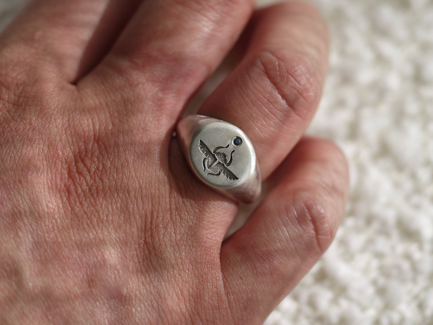 Scarab Beetle Signet Ring with Sapphire - Sterling Silver