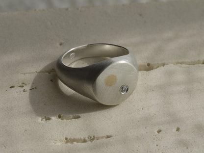 HELIOS Signet Ring with Moissanite - Sterling Silver & 9k Yellow Gold