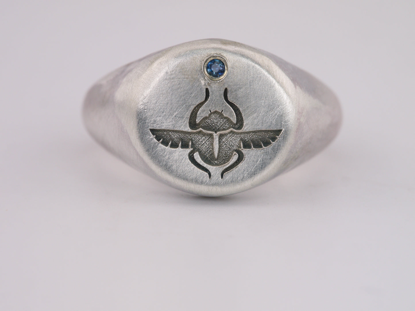 Scarab Beetle Signet Ring with Sapphire - Sterling Silver