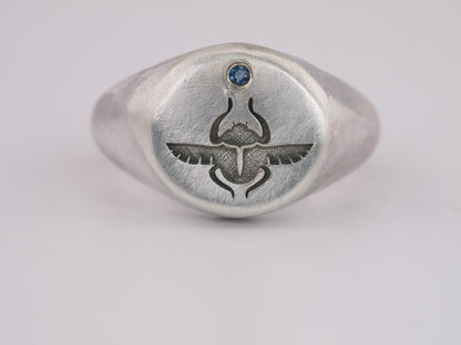 Scarab Beetle Signet Ring with Sapphire - Sterling Silver