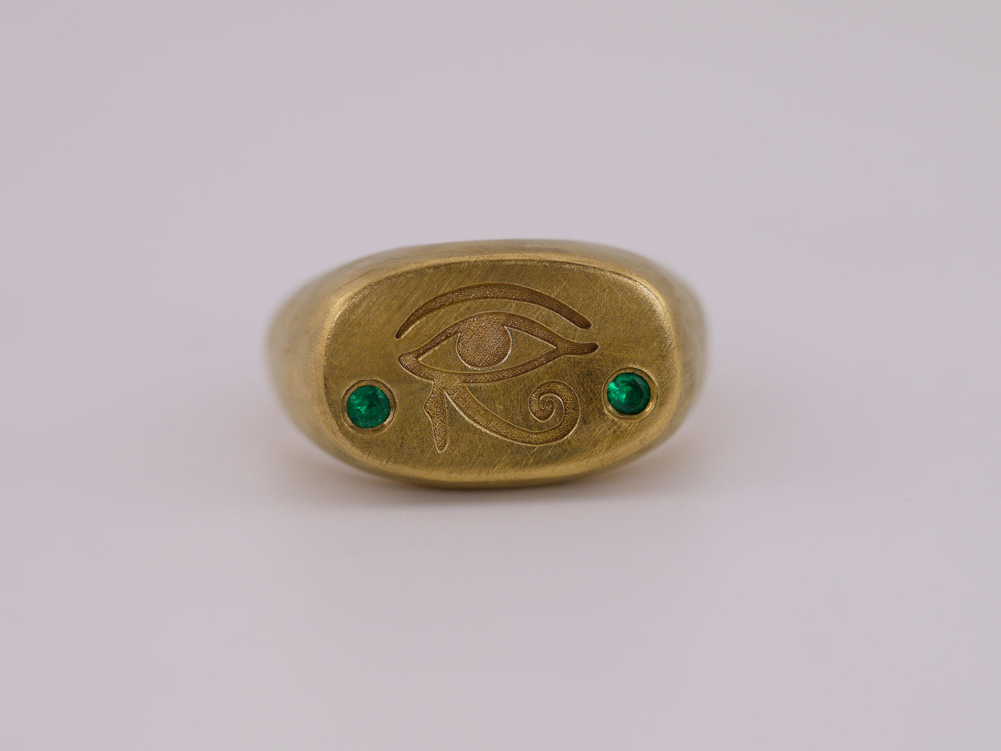 Eye of Horus Cushion Signet Ring with Lab Emeralds - 22k Gold Vermeil