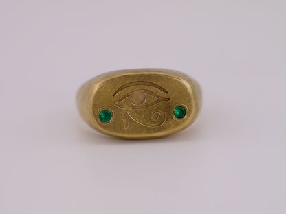Eye of Horus Cushion Signet Ring with Lab Emeralds - 22k Gold Vermeil