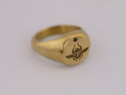 Scarab Beetle Signet Ring with Sapphire - 22k Gold Vermeil