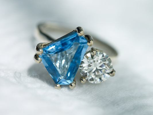 Freeform Swiss Blue Topaz & Moissanite OOAK - Toi et Moi Engagement Ring