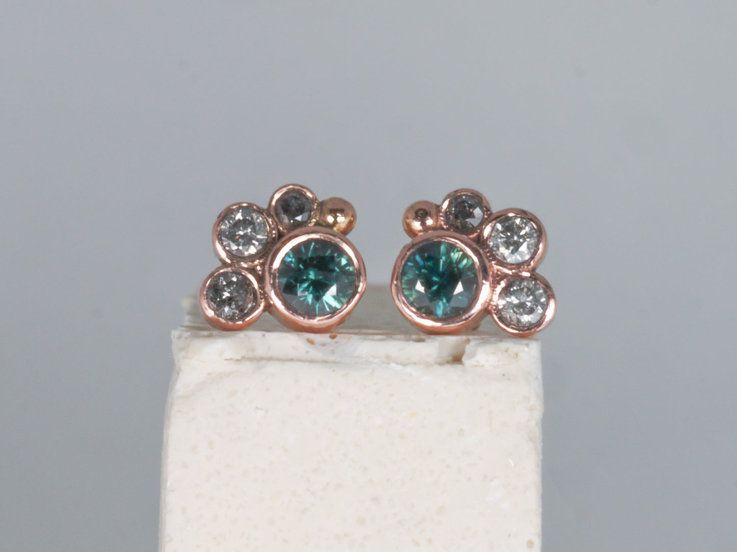 HALLEY Teal Sapphire and Salt & Pepper Diamond Stud Earrings - 9K Gold
