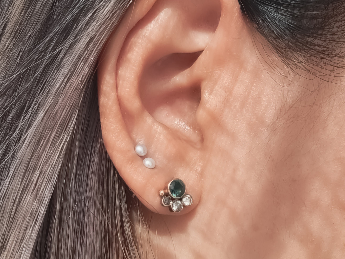 HALLEY Teal Sapphire and Salt & Pepper Diamond Stud Earrings - 9K Gold