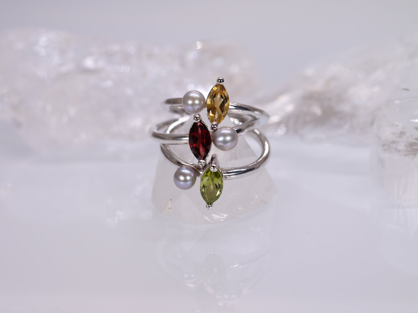 LUCIA Duet Ring - Red Garnet Marquise & Grey Freshwater Pearl