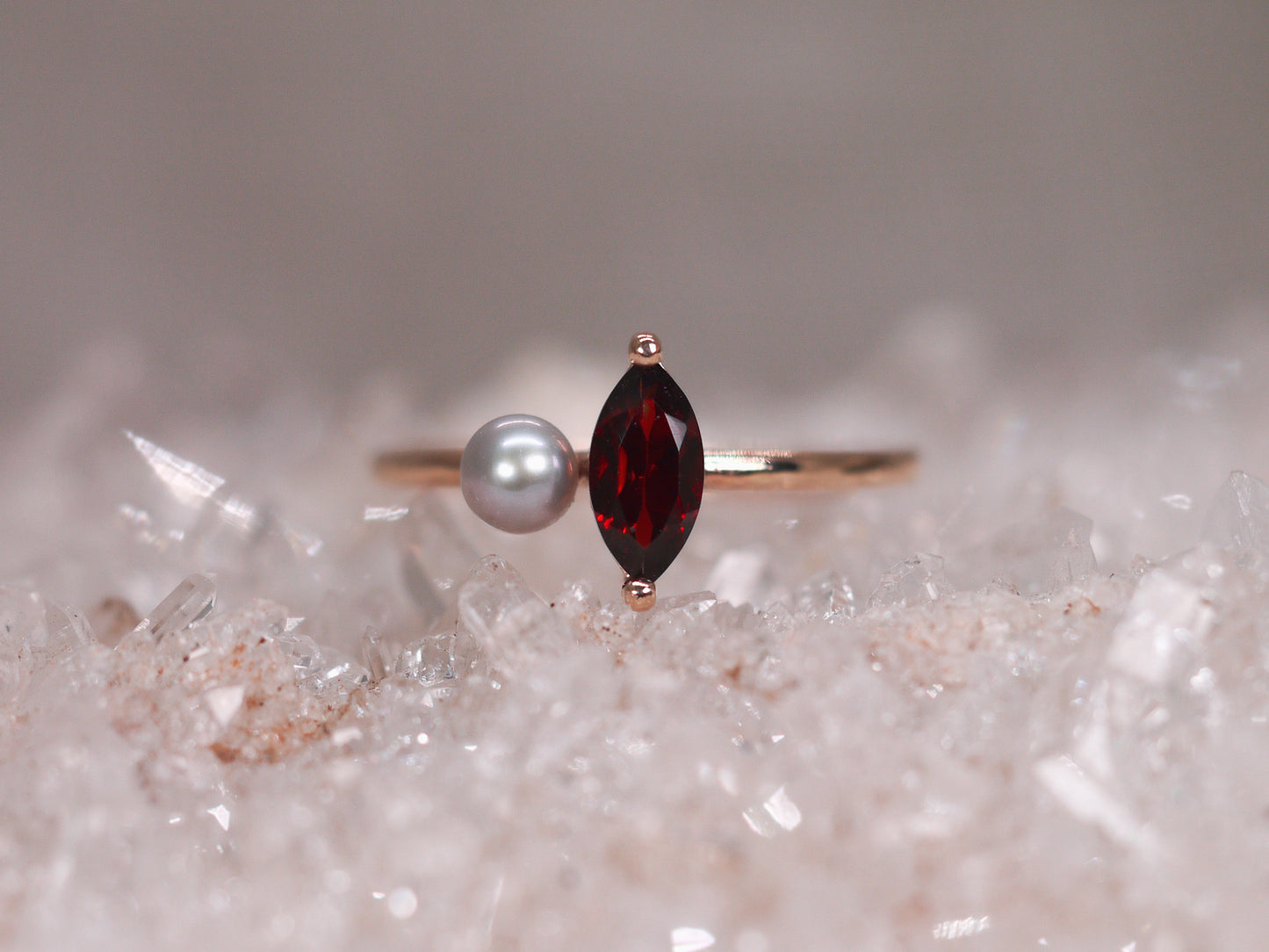 LUCIA Duet Ring - Red Garnet Marquise & Grey Freshwater Pearl