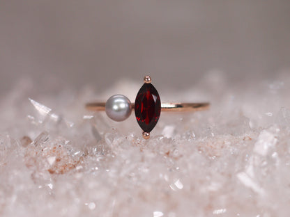 LUCIA Duet Ring - Red Garnet Marquise & Grey Freshwater Pearl