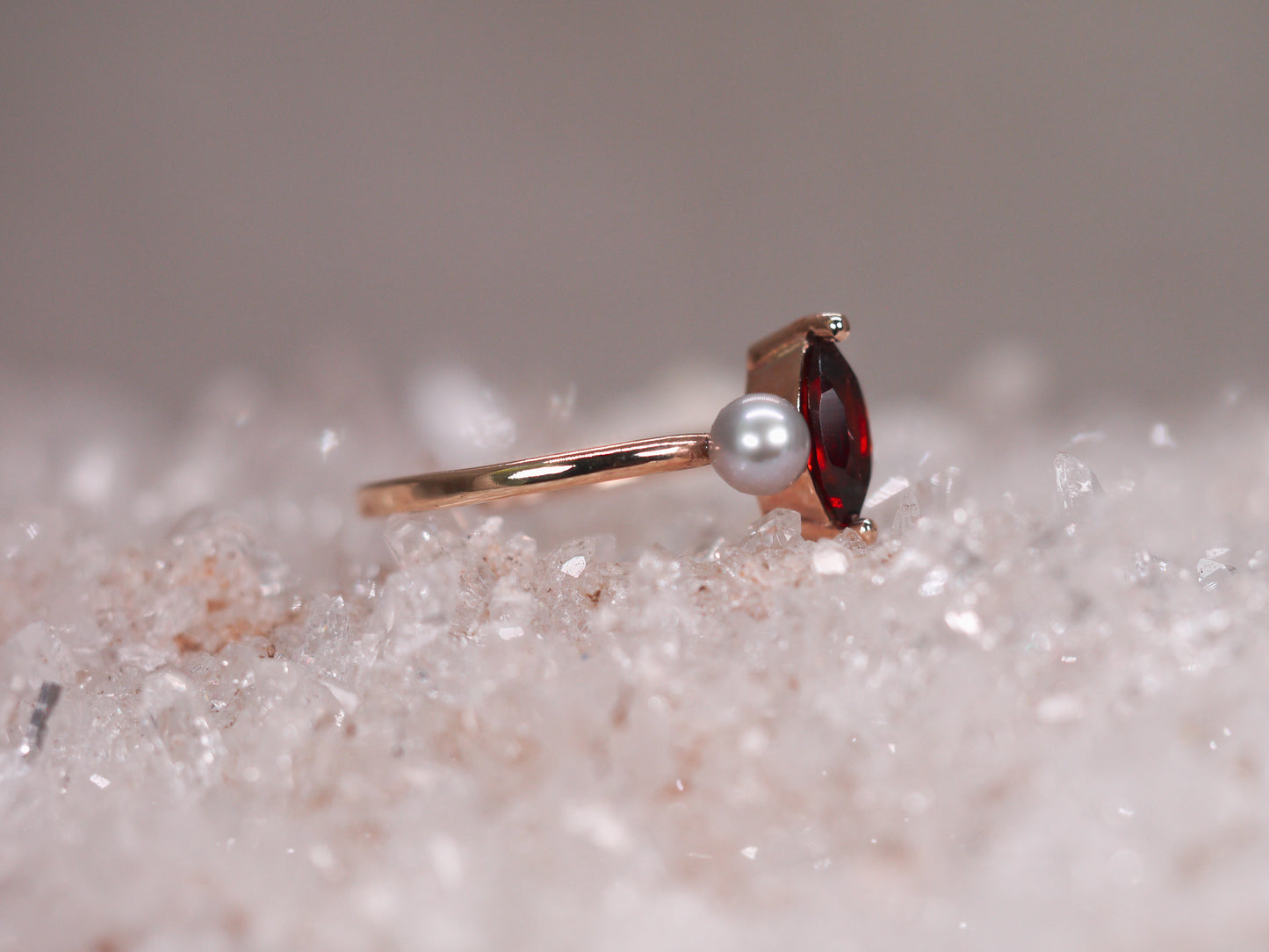 LUCIA Duet Ring - Red Garnet Marquise & Grey Freshwater Pearl