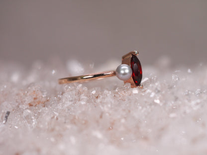 LUCIA Duet Ring - Red Garnet Marquise & Grey Freshwater Pearl
