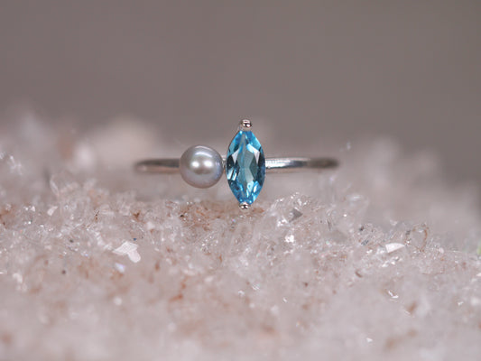 LUCIA Duet Ring - Swiss Blue Topaz Marquise & Grey Freshwater Pearl