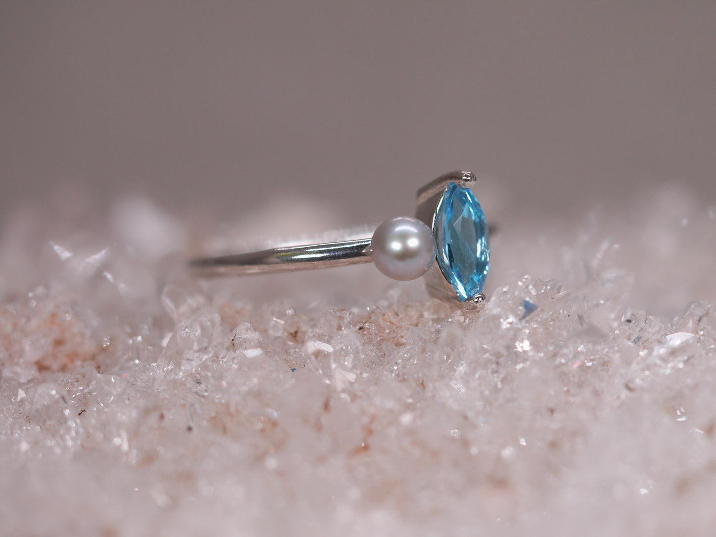 LUCIA Duet Ring - Swiss Blue Topaz Marquise & Grey Freshwater Pearl