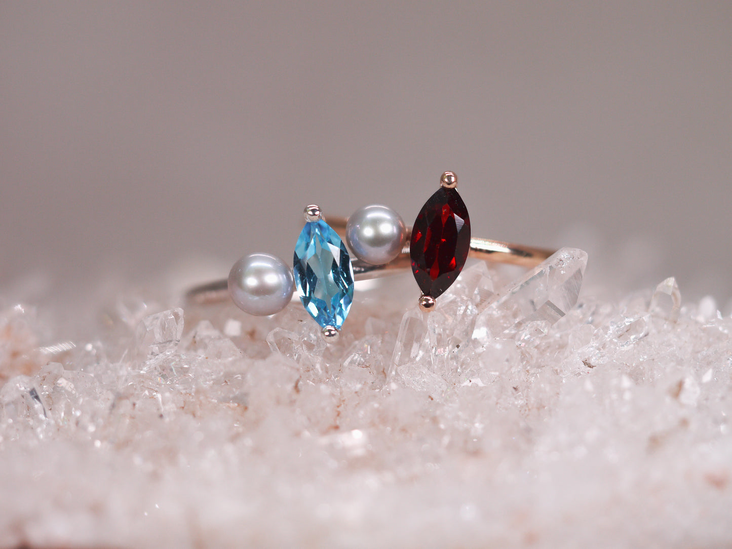 LUCIA Duet Ring - Red Garnet Marquise & Grey Freshwater Pearl