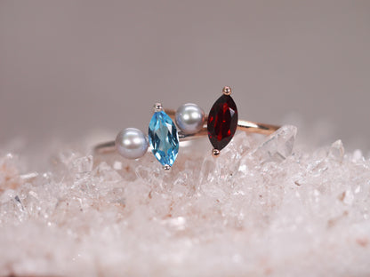 LUCIA Duet Ring - Red Garnet Marquise & Grey Freshwater Pearl