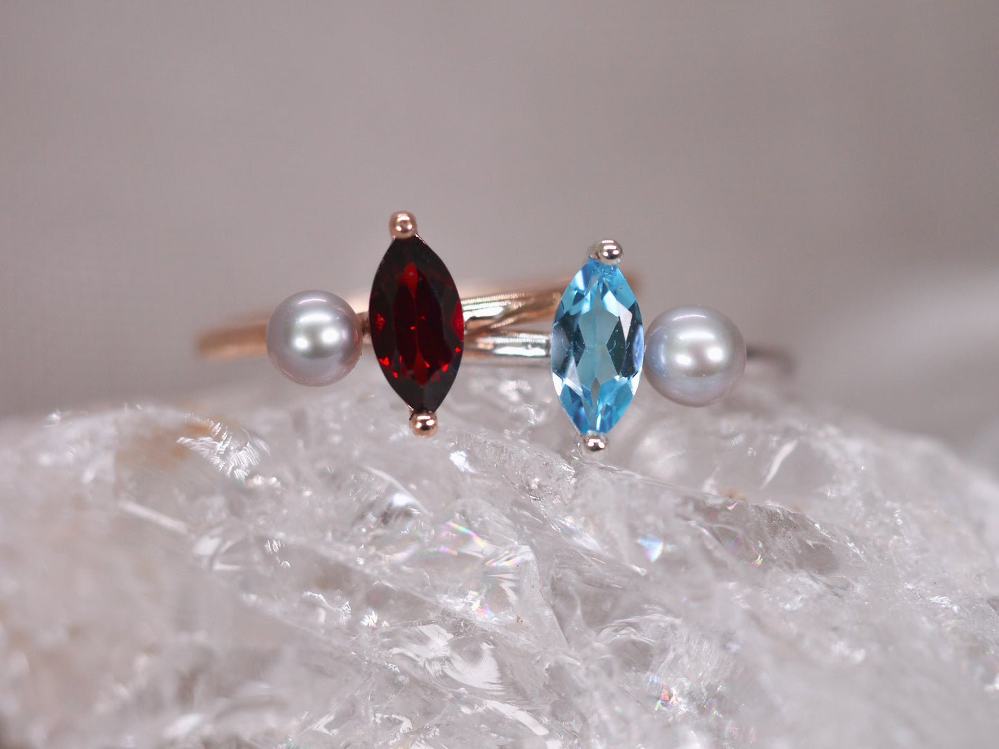 LUCIA Duet Ring - Red Garnet Marquise & Grey Freshwater Pearl