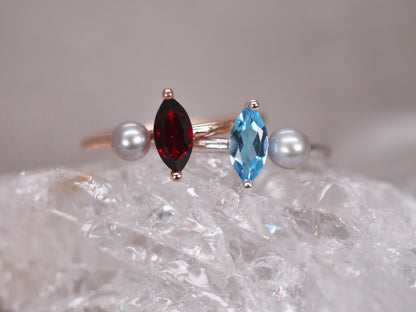 LUCIA Duet Ring - Red Garnet Marquise & Grey Freshwater Pearl