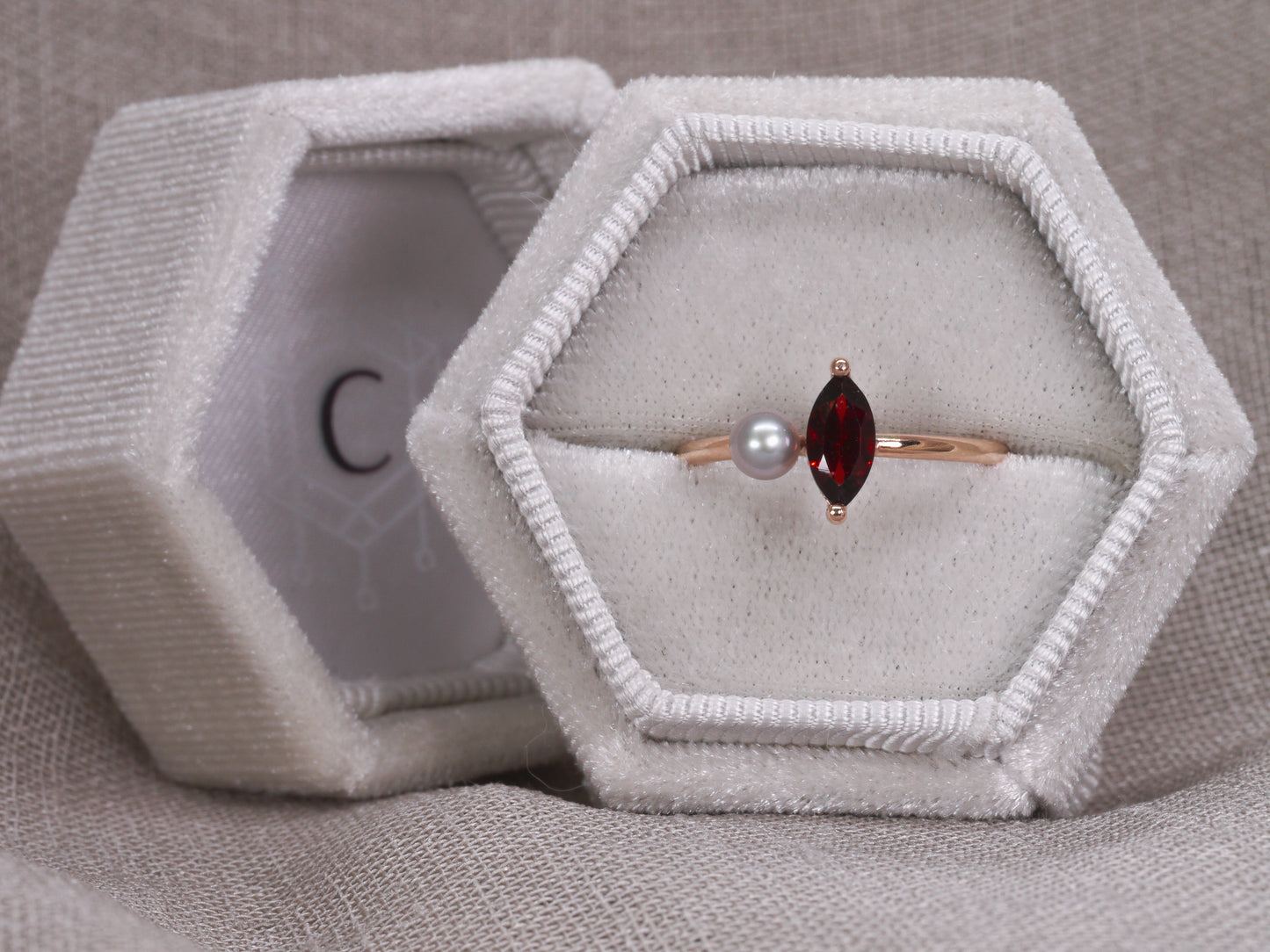 LUCIA Duet Ring - Red Garnet Marquise & Grey Freshwater Pearl