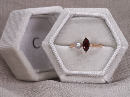 LUCIA Duet Ring - Red Garnet Marquise & Grey Freshwater Pearl