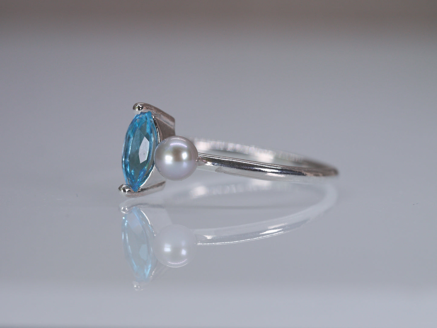 LUCIA Duet Ring - Swiss Blue Topaz Marquise & Grey Freshwater Pearl