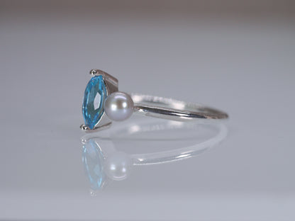 LUCIA Duet Ring - Swiss Blue Topaz Marquise & Grey Freshwater Pearl