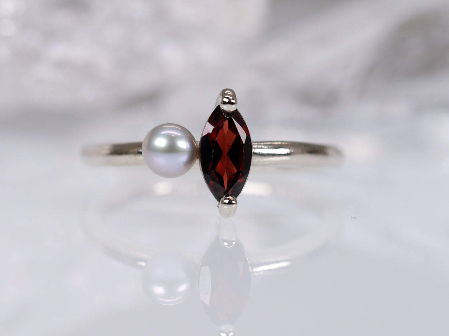 LUCIA Duet Ring - Red Garnet Marquise & Grey Freshwater Pearl