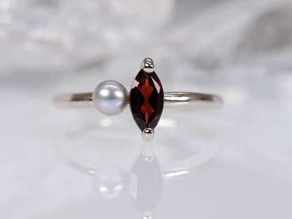 LUCIA Duet Ring - Red Garnet Marquise & Grey Freshwater Pearl