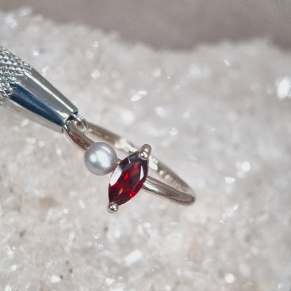 LUCIA Duet Ring - Red Garnet Marquise & Grey Freshwater Pearl